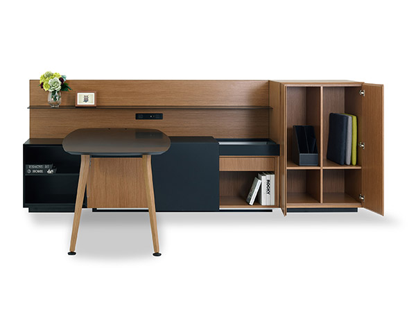 Main desk with extended cabinet storage with props